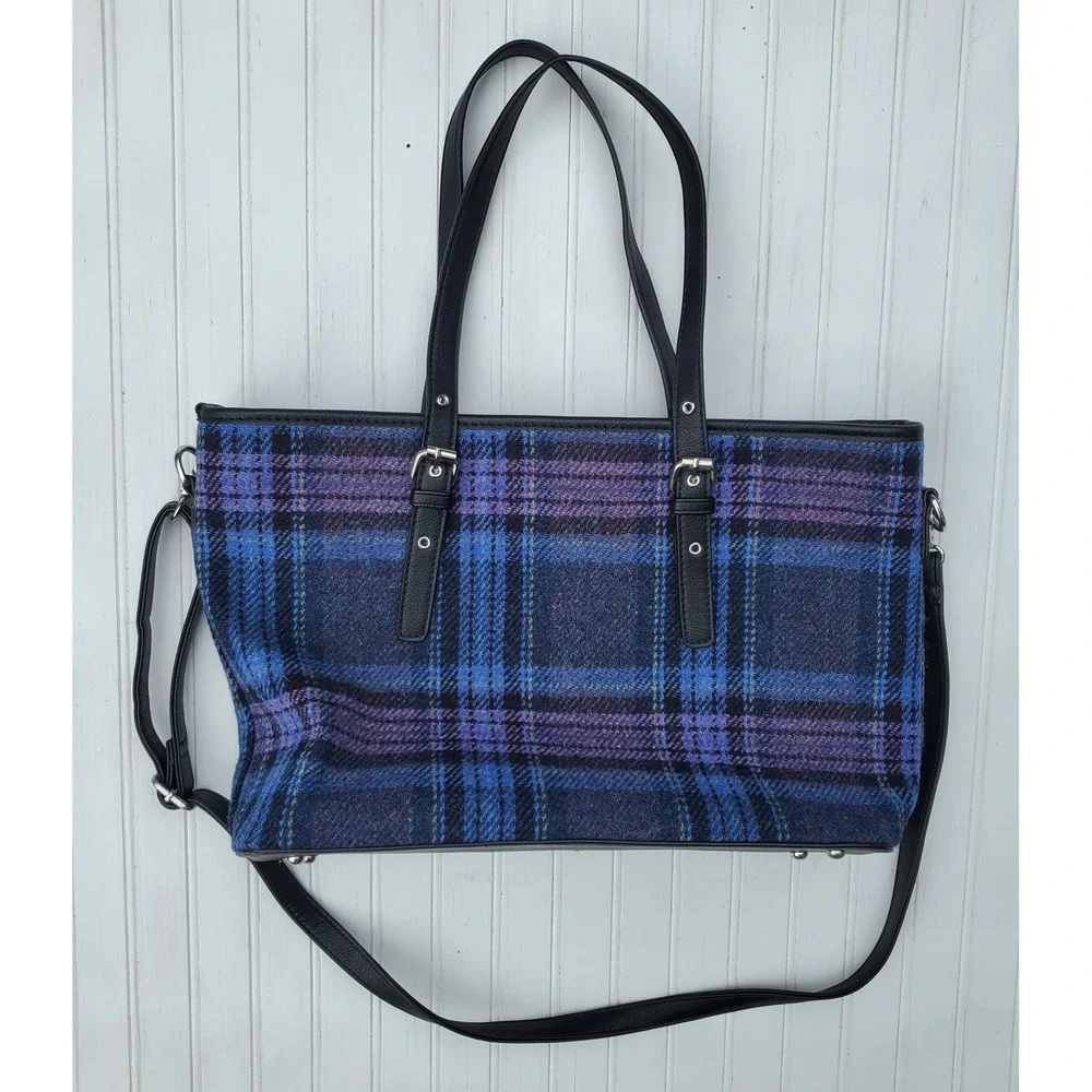 Glen Appin Harris Tweed Blue Plaid Wool Tote Bag Crossbody Handbag Scottish